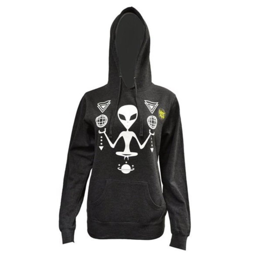 Women's Juniors A.Lab  Alien‎ Glow In The Dark Drawstring Gray Hoodie Sz XS